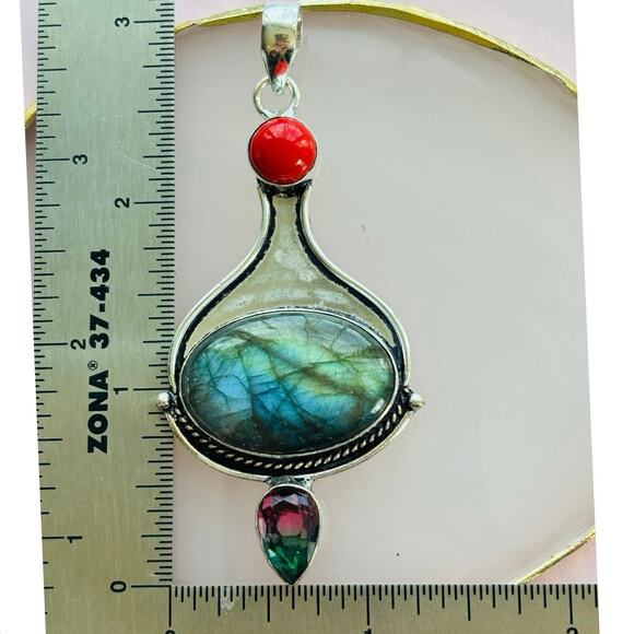 925 Sterling  Labradorite Coral & Tourmaline  Pendant - Picture 4 of 5